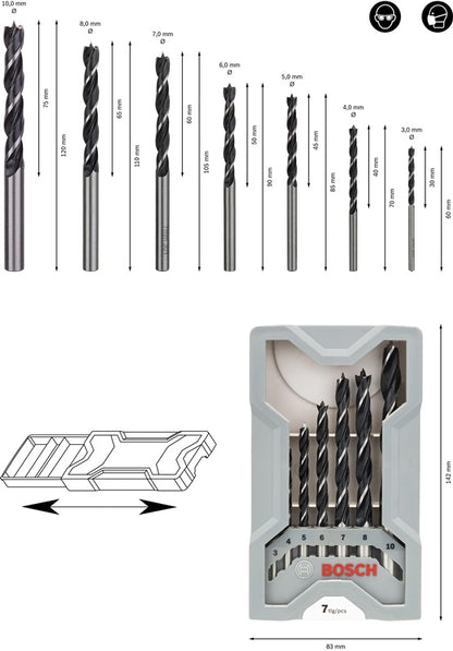 Medienos grąžtų komplektas Bosch, 3-10 mm, 7 vnt