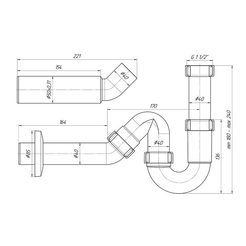 Syfon Aniplast DY0136EU, 1 1/2 x 40, bez zaworu