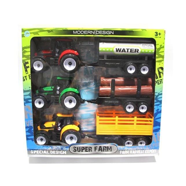 Toy tractors with trailers, 3 pcs