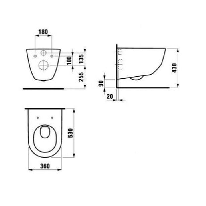 Wall-mounted toilet with seat LAUFEN RIMLESS, 360×530 mm