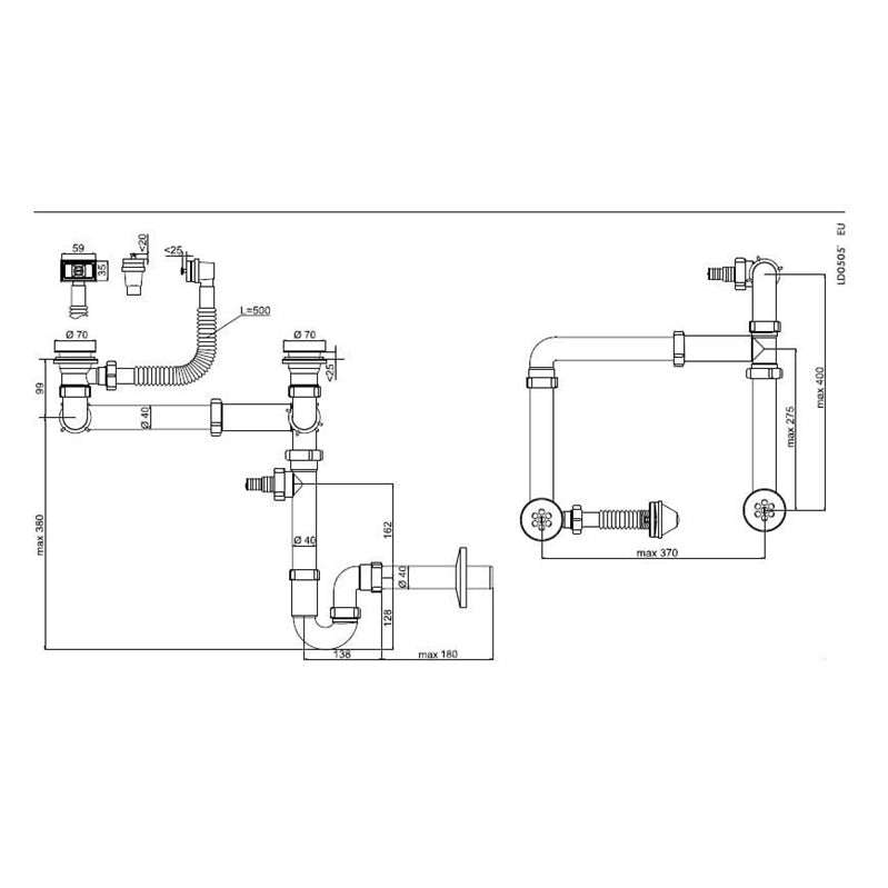 Syfon do podwójnego zlewu Aniplast LD0505PL, 1 1/2 x 40