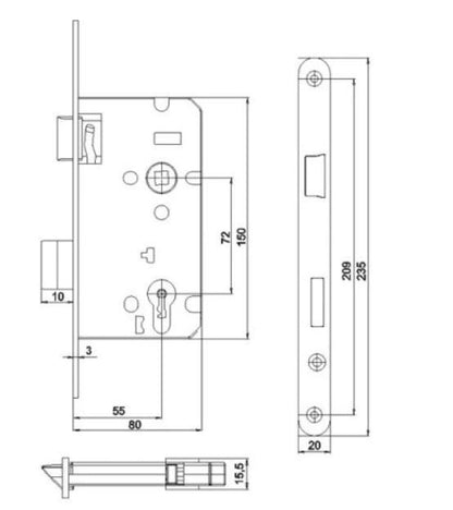 Mortise lock Lob Z7ACP 72/55, without faceplate