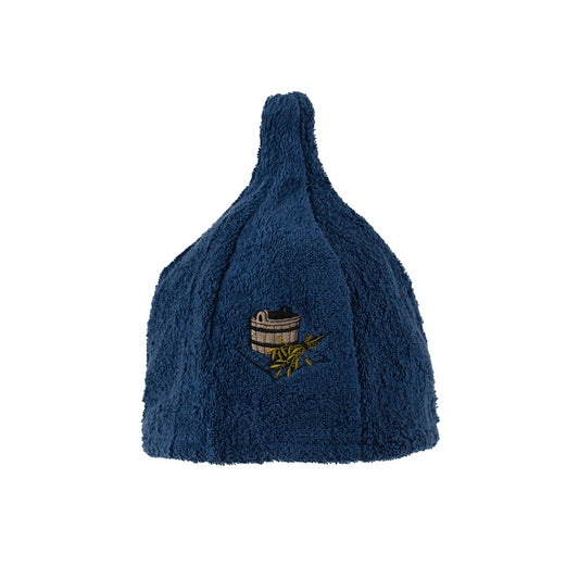 Cotton sauna hat with a hot tub image, blue