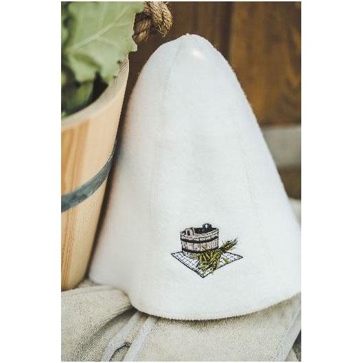 Wool sauna hat with a hot tub picture, white