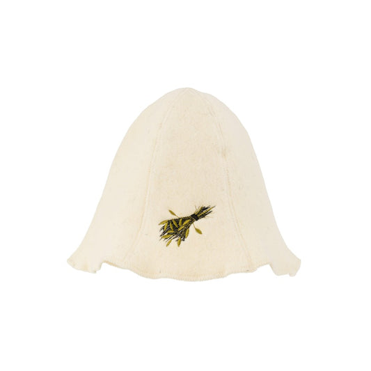 White wool sauna hat with a besom picture