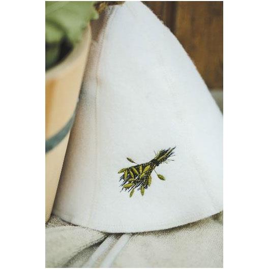 White wool sauna hat with a besom picture