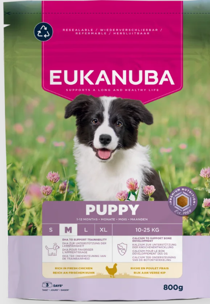 Eukanuba Life Care Puppy sausas maistas vidutinių veislių šuniukams su vištiena, M, 800 g