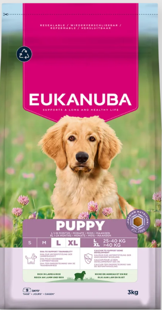 Eukanuba Life Care Puppy sausas maistas didelių veislių šuniukams su ėriena ir ryžiais, L, 3 kg