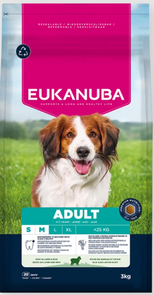 Eukanuba Life Care Adult sausas maistas mažų ir vidutinių veislių šunims su ėriena ir ryžiais, S/M, 3 kg