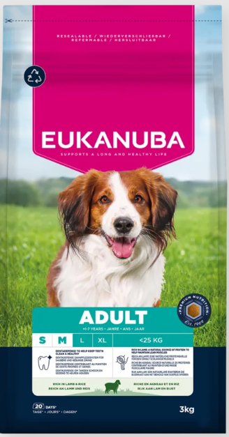 Eukanuba Life Care Adult sausas maistas mažų ir vidutinių veislių šunims su ėriena ir ryžiais, S/M, 3 kg