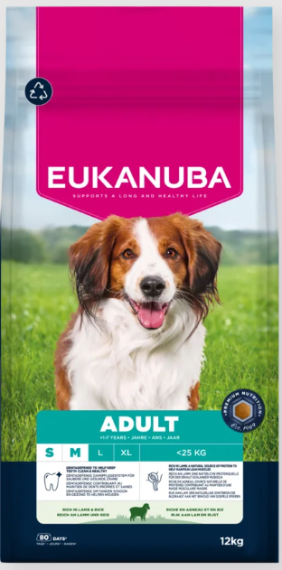 Eukanuba Life Care Adult sausas maistas mažų ir vidutinių veislių šunims su ėriena ir ryžiais, S/M, 12 kg