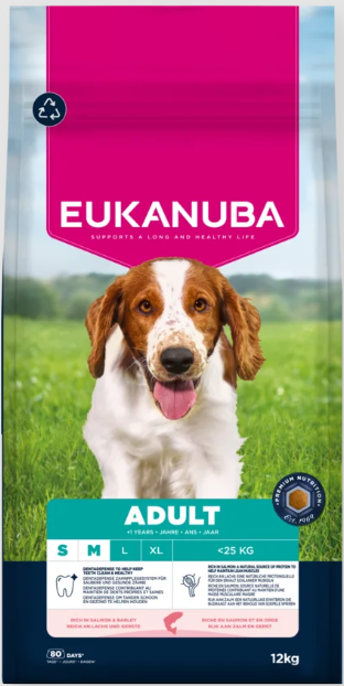 Eukanuba Life Care Adult sausas maistas mažų ir vidutinių veislių šunims su lašiša ir miežiais, S/M, 12 kg