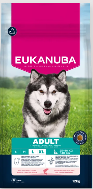 Eukanuba Life Care Adult sausas maistas didelių veislių šunims su lašiša ir miežiais, L, 12 kg