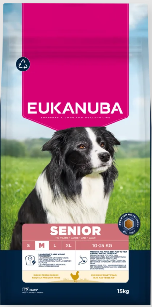 Eukanuba Life Care Senior sausas maistas vidutinių veislių vyresnio amžiaus šunims su vištiena, M, 15 kg