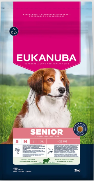 Eukanuba Life Care Senior sausas maistas mažų ir vidutinių veislių senyviems šunims su ėriena ir ryžiais, S/M 3 kg