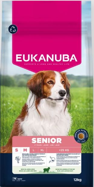 Eukanuba Life Care Senior sausas maistas mažų ir vidutinių veislių senyviems šunims su ėriena ir ryžiais, S/M, 12 kg
