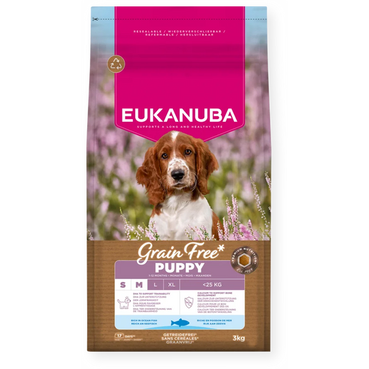 Eukanuba Grain Free sausas maistas mažų ir vidutinių veislių šuniukams su žuvimi, S/M, 3 kg