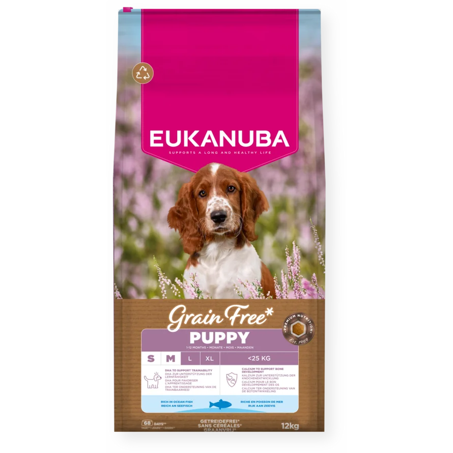 Eukanuba Grain Free sausas maistas mažų ir vidutinių veislių šuniukams su žuvimi, S/M, 12 kg