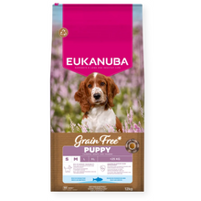 Eukanuba Grain Free sausas maistas mažų ir vidutinių veislių šuniukams su žuvimi, S/M, 12 kg