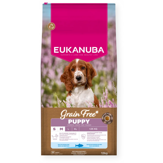 Eukanuba Grain Free sausas maistas mažų ir vidutinių veislių šuniukams su žuvimi, S/M, 12 kg
