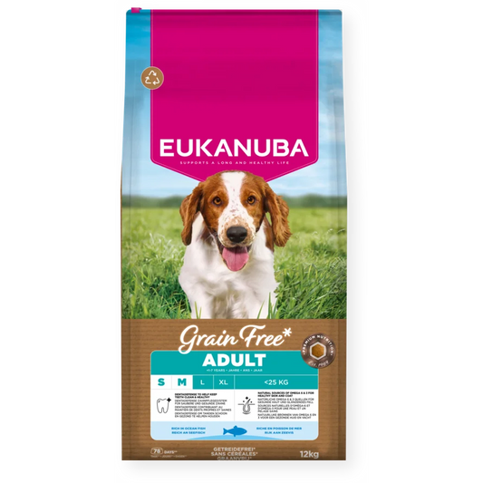 Eukanuba Grain Free sausas maistas mažų ir vidutinių veislių šunims su žuvimi, S/M, 12 kg