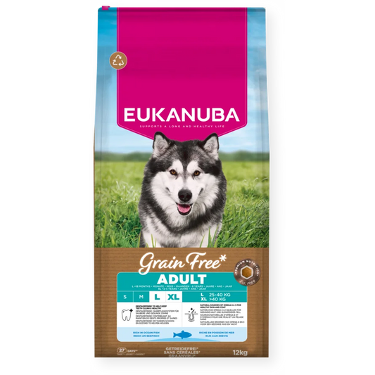 Eukanuba Grain Free sausas maistas didelių veislių šunims su žuvimi, L, 12 kg