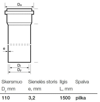 Vidaus kanalizacijos PVC vamzdis Wavin, Ø 110 mm, 1,5 m