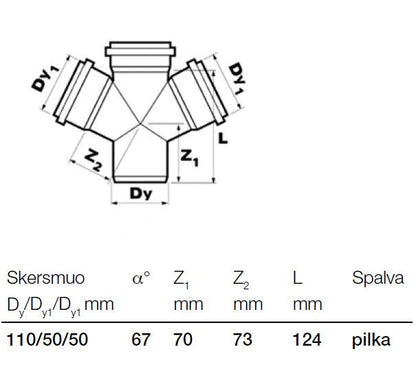 Wavin branch pipe for internal sewage, Ø 50/50/110 mm, 67°