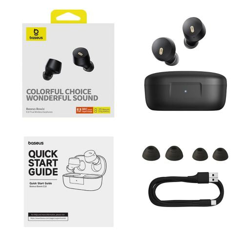 Baseus ausinės Bluetooth Bowie E18 TWS ausinės, BT 5.3, ENC, IPX4, (A00023800123-00), juoda spalva
