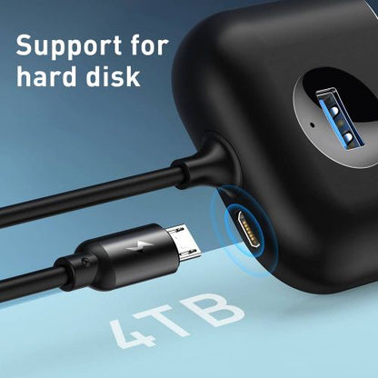 Baseus HUB Square round 4in1 USB adapteris USB3.0*1 + USB2.0*3 1m (CAHUB-AY01), juoda spalva