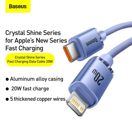 Baseus Type-C - Lightning laidas, Crystal Shine Series greitasis įkrovimas duomenų laidas 20 W 1.2m (CAJY000205), violetinė