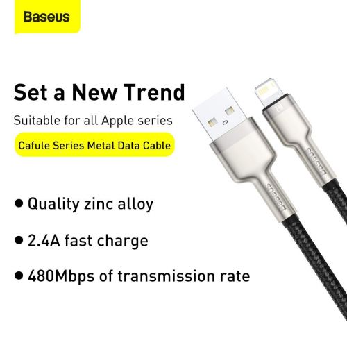 Baseus Lightning Cafule Series Metal duomenų laidas 2.4A 0.25m, juoda spalva