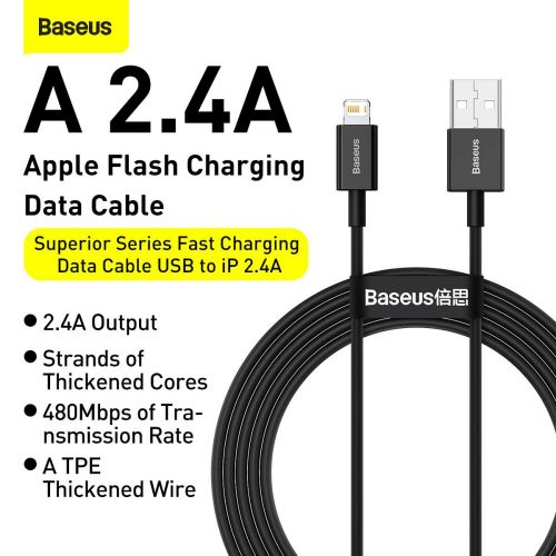 Baseus Lightning Superior Series laidas, greitasis įkrovimas, Data 2.4A, 1m (CALYS-A01), juoda spalva