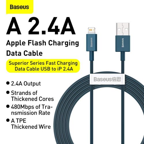 Baseus Lightning Superior Series laidas, greitasis įkrovimas, Data 2.4A, 1m (CALYS-A03), mėlyna spalva