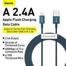 Baseus Lightning Superior Series laidas, greitasis įkrovimas, Data 2.4A, 1m (CALYS-A03), mėlyna spalva