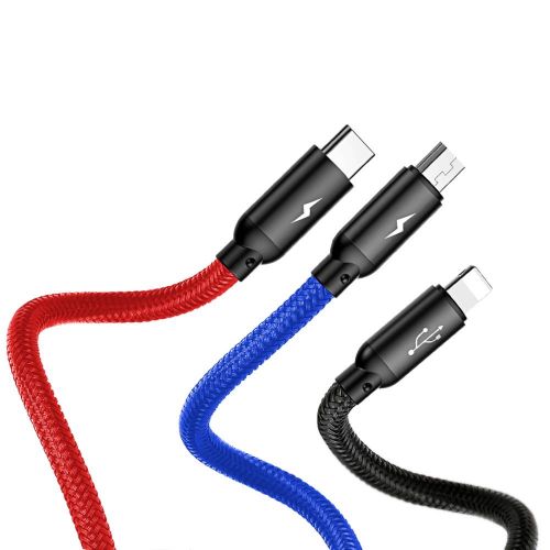 Baseus laidas Three Primary Colors šviestuvas/Type-C/Micro Nylon Braid 3.5A 1.2m (CAMLT-BSY01), juoda spalva