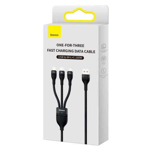 Baseus Universal Flash Series 3-in-1 greitasis įkrovimas duomenų laidas (USB-A į Micro + Lightning + Type-C) 100 W, 1.2m