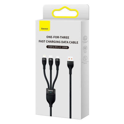 Baseus Universal Flash Series 3-in-1 greitasis įkrovimas duomenų laidas (USB-A į Micro + Lightning + Type-C) 100 W, 1.2m