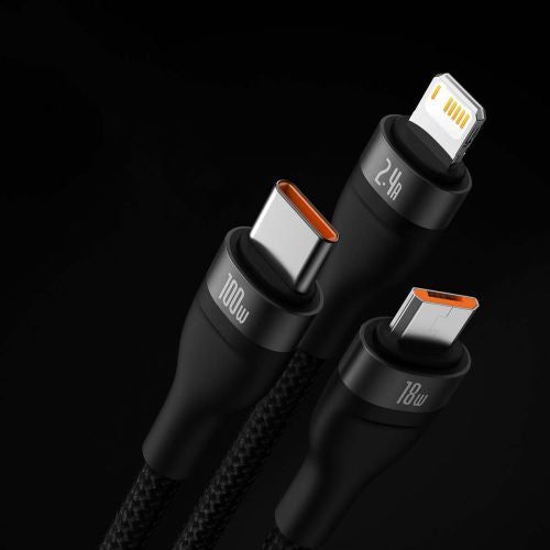 Baseus Universal Flash Series 3-in-1 greitasis įkrovimas duomenų laidas (USB-A į Micro + Lightning + Type-C) 100 W, 1.2m