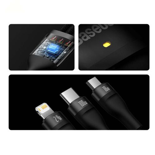 Baseus Universal Flash Series 3-in-1 greitasis įkrovimas duomenų laidas (USB-A į Micro + Lightning + Type-C) 100 W, 1.2m