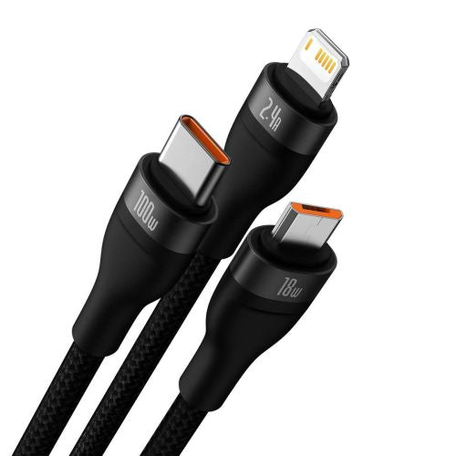 Baseus Universal Flash Series 3-in-1 greitasis įkrovimas duomenų laidas (USB-A į Micro + Lightning + Type-C) 100 W, 1.2m