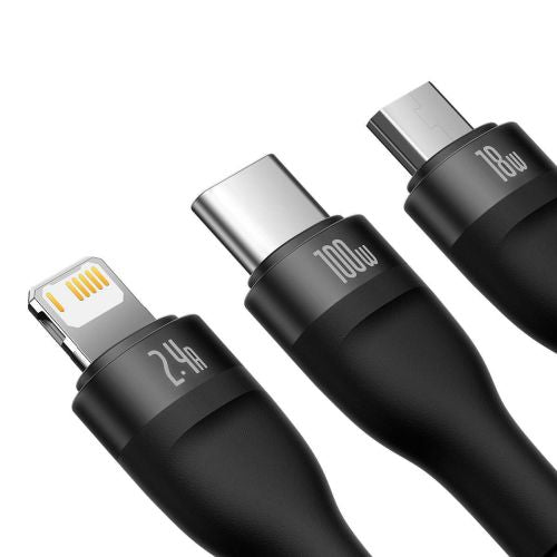 Baseus Universal Flash Series 3-in-1 greitasis įkrovimas duomenų laidas (USB-A į Micro + Lightning + Type-C) 100 W, 1.2m