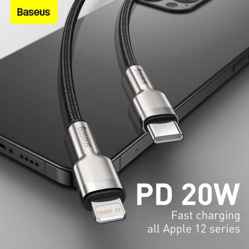 Baseus Type-C - Lightning Cafule Series Metal duomenų laidas PD 20 W 1m (CATLJK-A01), juoda spalva