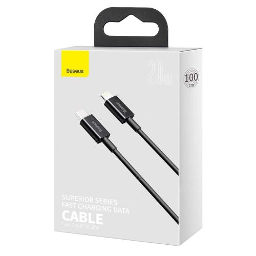 Baseus Type-C - Lightning Superior Series greitasis įkrovimas duomenų laidas, PD 20 W, 1m, (CATLYS-A01), juoda spalva
