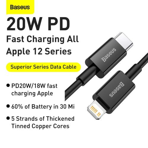 Baseus Type-C - Lightning Superior Series greitasis įkrovimas duomenų laidas, PD 20 W, 1m, (CATLYS-A01), juoda spalva