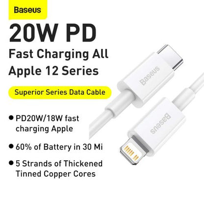 Baseus Type-C - Lightning Superior Series greitasis įkrovimas duomenų laidas PD 20 W 1m (CATLYS-A02), balta spalva