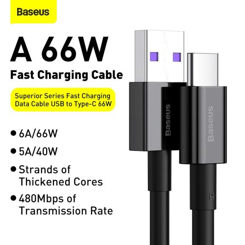 Baseus Type-C Superior series greitasis įkrovimas duomenų laidas, 66 W(11V/6A), 2m, (CATYS-A01), juoda spalva