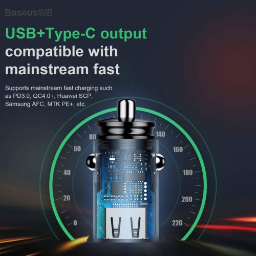 Baseus automobilinis įkroviklis Circular Plastic A+C PPS PD3.0 + QC4.0 + 30 W (CCALL-YS01), juoda spalva