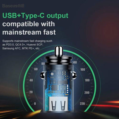 Baseus automobilinis įkroviklis Circular Plastic A+C PPS PD3.0 + QC4.0 + 30 W (CCALL-YS01), juoda spalva