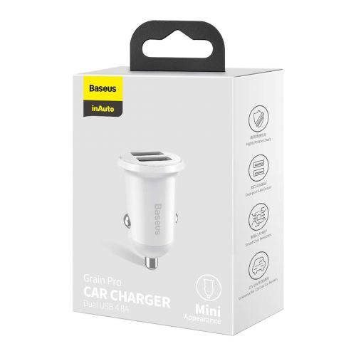 Baseus automobilinis įkroviklis Grain Pro Dual USB 4.8A (CCALLP-02), balta spalva